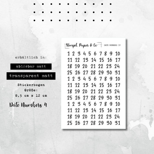 Stickerbogen Datumszahlen, einzeln ablösbare Sticker mit Zahlen für das Tagesdatum für Bullet Journal, Planer oder Kalender, Schriftart 4