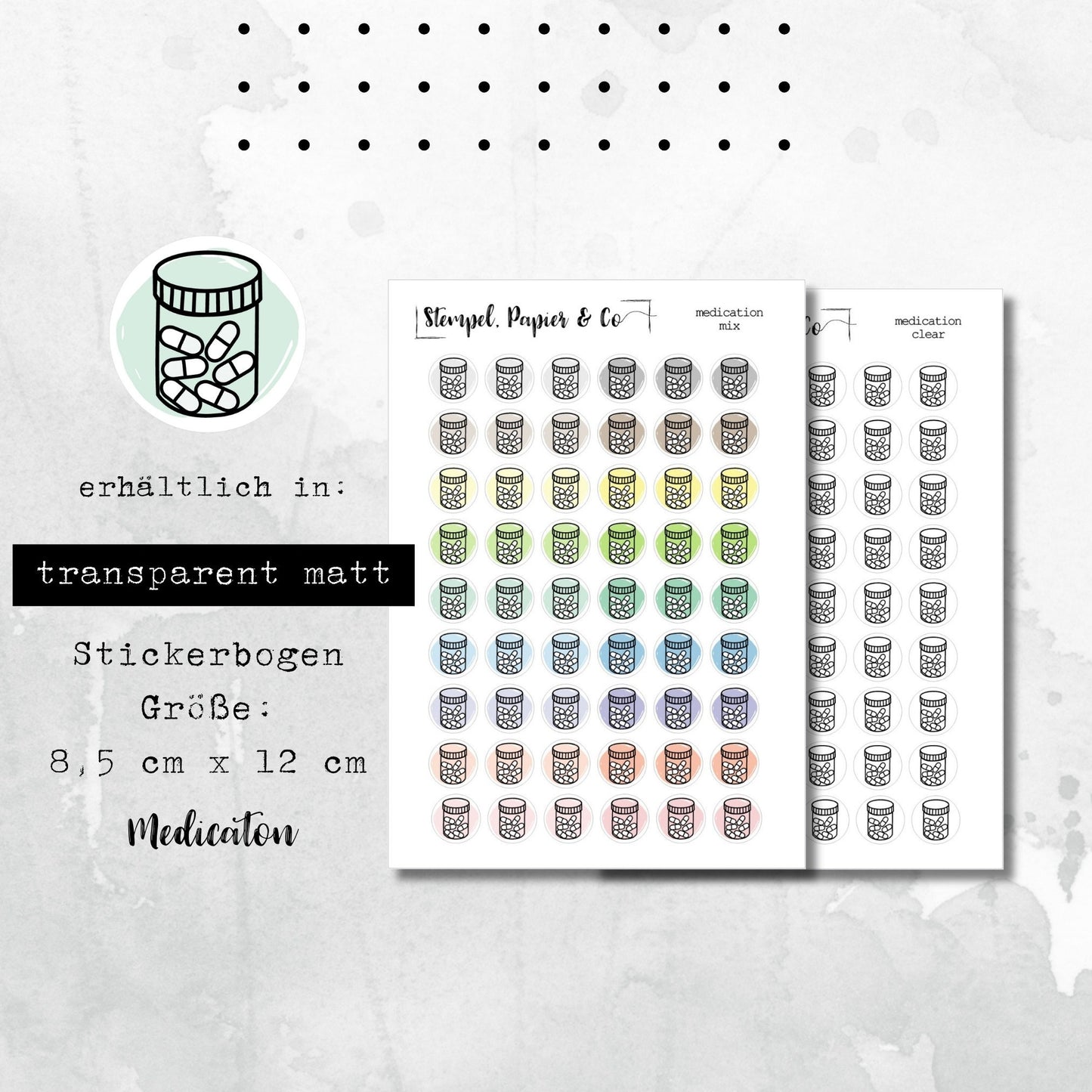 Stickerbogen Medikamente, Tabletten, einzeln ablösbare kreisrunde Sticker transparent matt | Sticker für Bullet Journal, Planer und Kalender