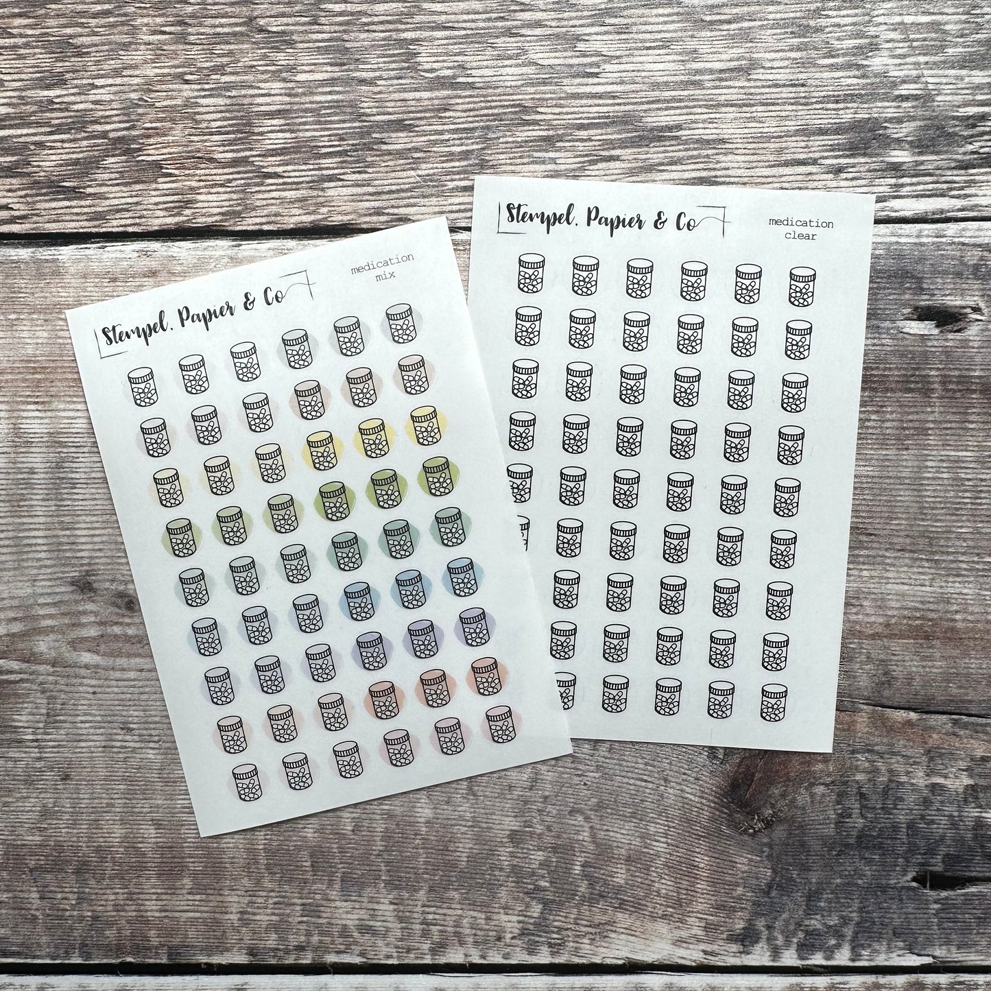 Stickerbogen Medikamente, Tabletten, einzeln ablösbare kreisrunde Sticker transparent matt | Sticker für Bullet Journal, Planer und Kalender