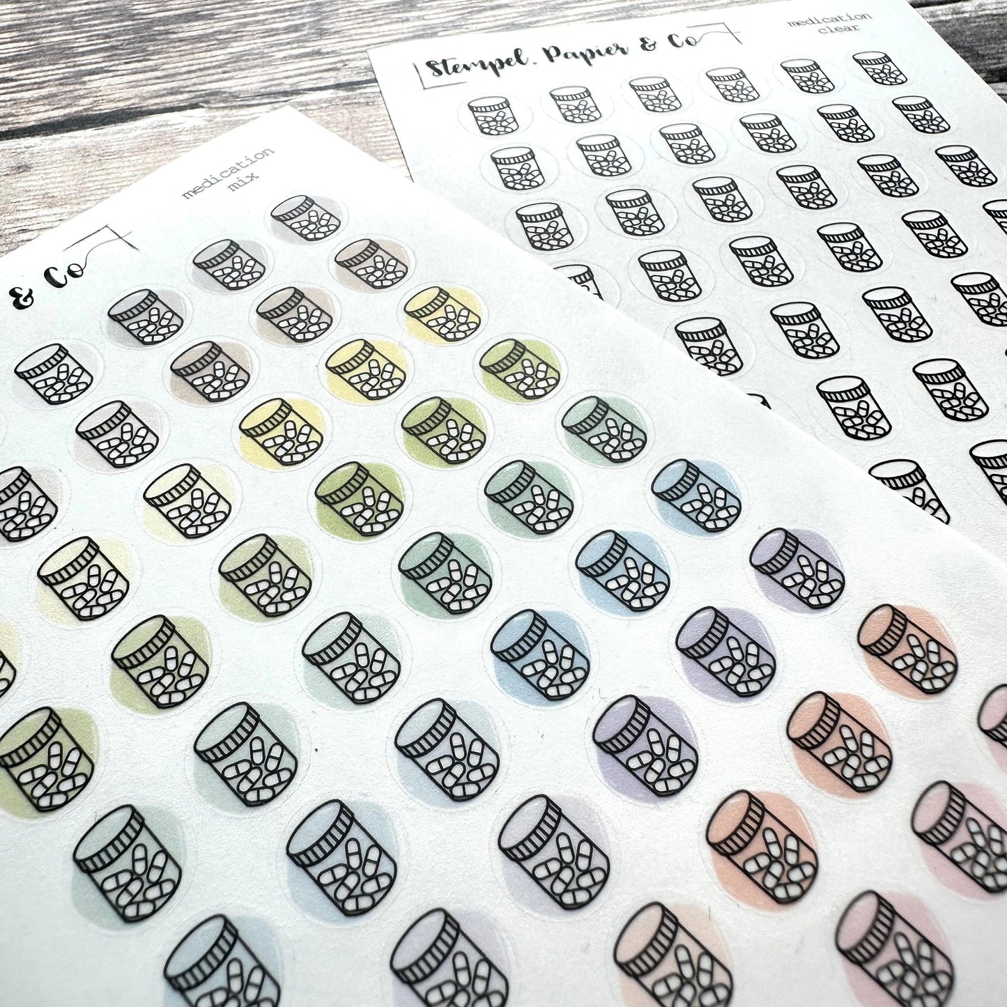 Stickerbogen Medikamente, Tabletten, einzeln ablösbare kreisrunde Sticker transparent matt | Sticker für Bullet Journal, Planer und Kalender