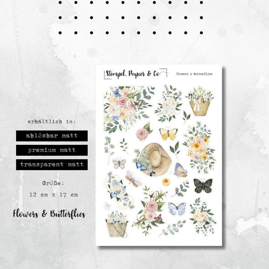 Stickerbogen Blumen und Schmetterlinge, einzeln ablösbare Sticker für Bullet Journal, Planer und Kalender | Aquarell