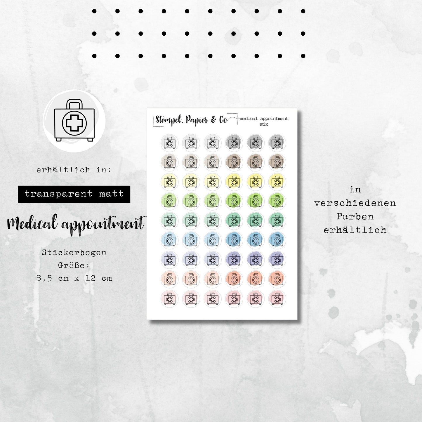 Stickerbogen Medizinkoffer mit einzeln ablösbaren kreisrunden Stickern transparent matt für Bullet Journal, Planer und Kalender