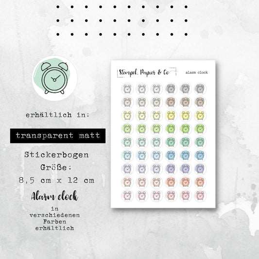 Stickerbogen Wecker, kreisrunde Sticker transparent matt | Sticker für Bullet Journal, Planer und Kalender