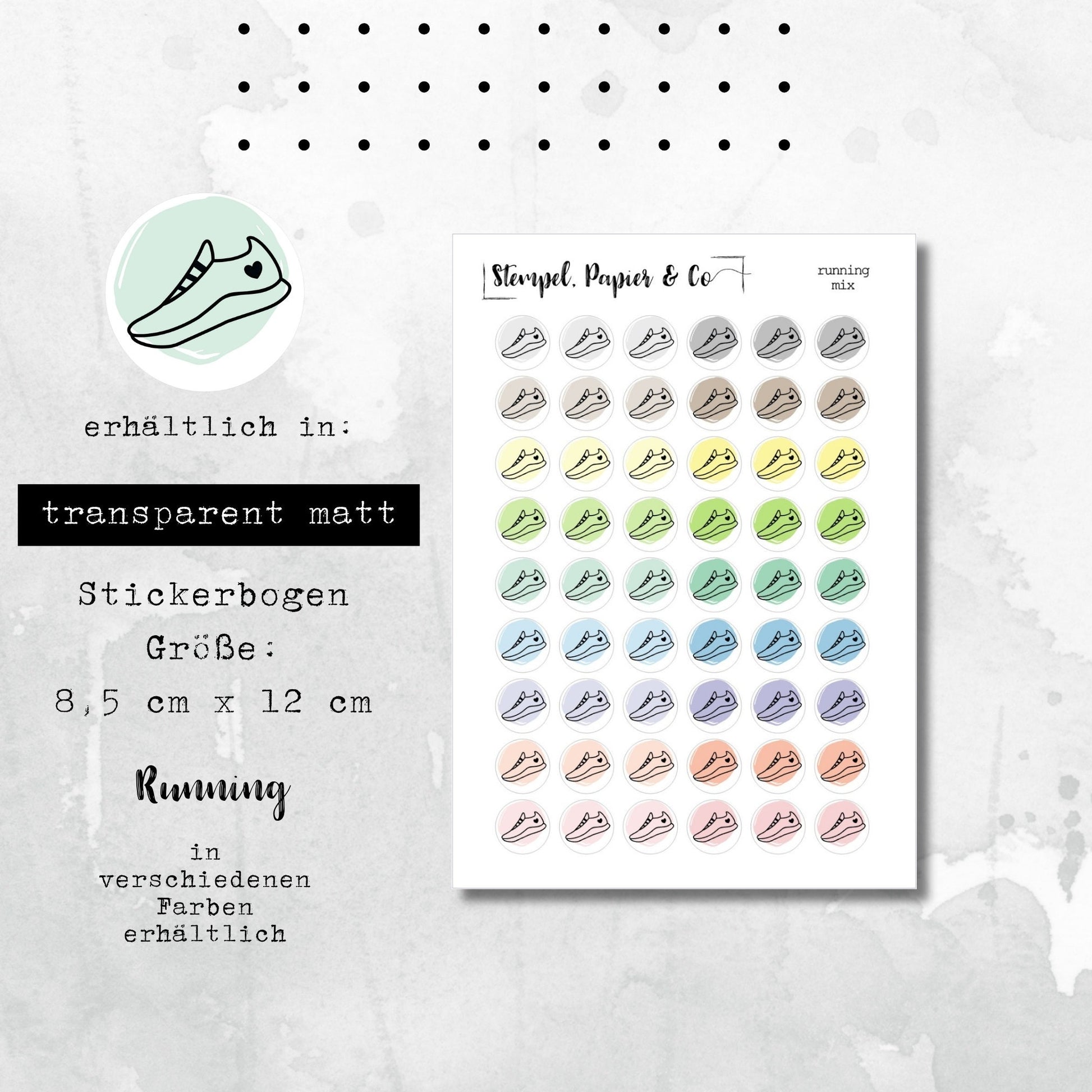 Stickerbogen Laufschuhe, Jogging, einzeln ablösbare kreisrunde Sticker transparent matt für Bullet Journal, Planer und Kalender