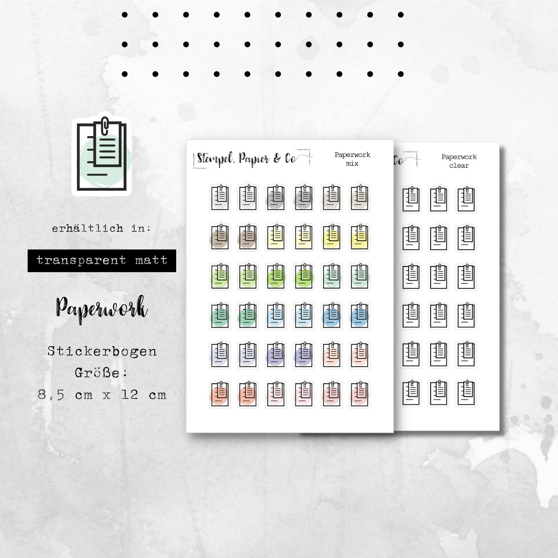 Stickerbogen Papierkram, Zettelwirtschaft, Papiere, einzeln ablösbare Sticker in ransparent matt für Bullet Journal, Planer und Kalender