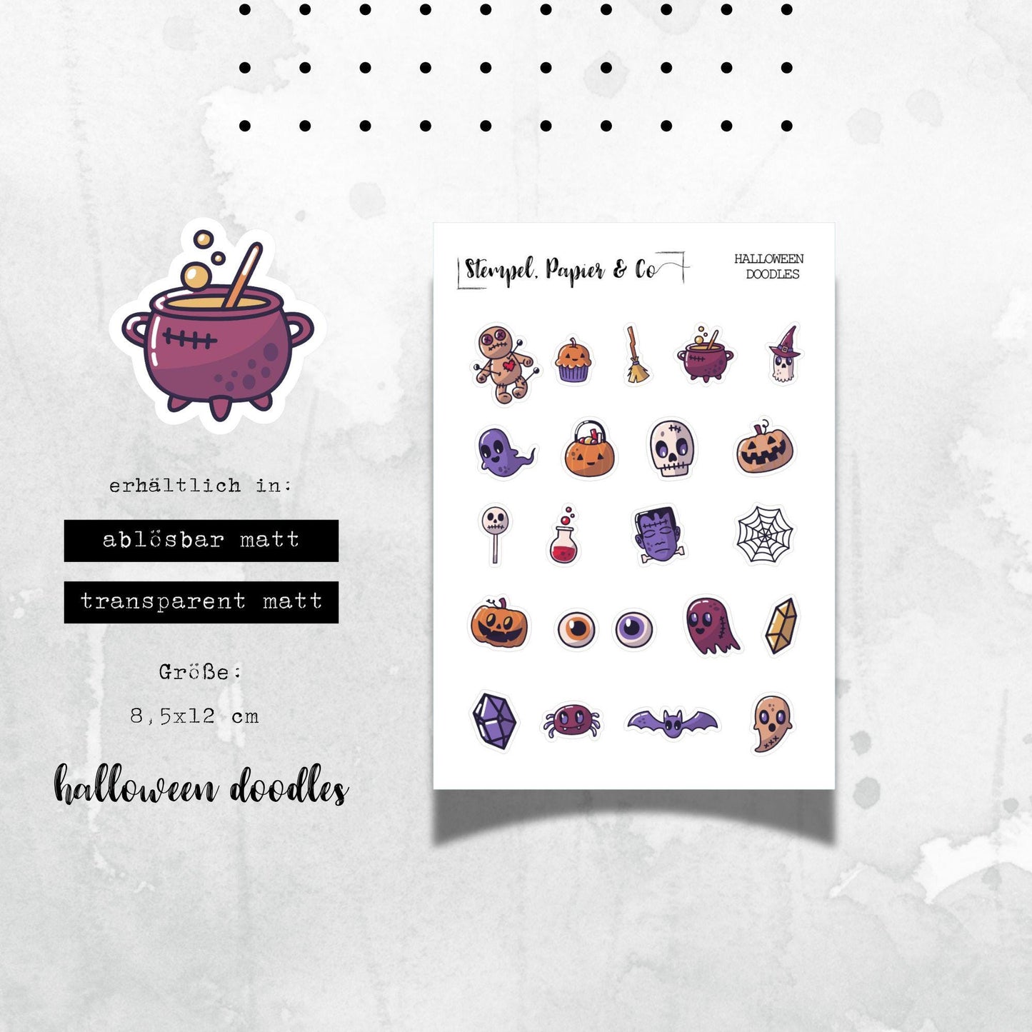 kleiner Stickerbogen mit kleinen Halloween Motiven, Doodles, einzeln ablösbare Sticker zum Dekorieren für Bullet Journal, Planer, Kalender