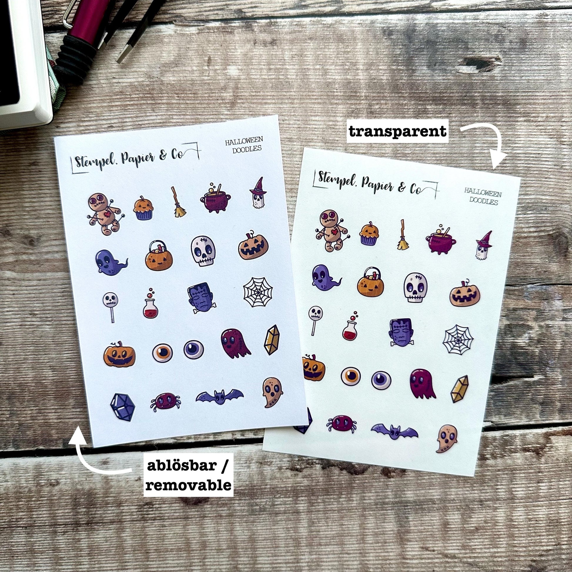 kleiner Stickerbogen mit kleinen Halloween Motiven, Doodles, einzeln ablösbare Sticker zum Dekorieren für Bullet Journal, Planer, Kalender