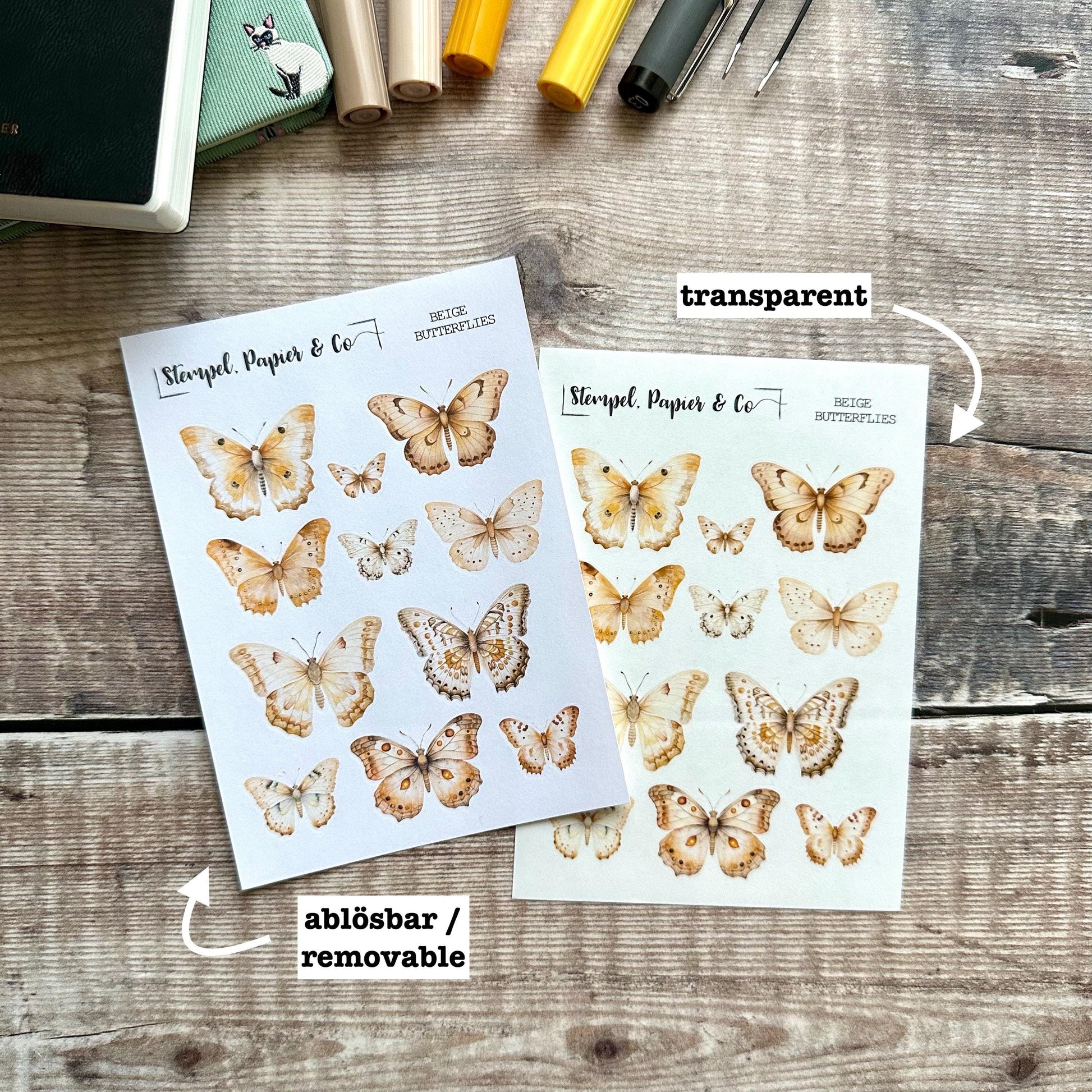 kleiner Stickerbogen mit Schmetterlingen in beige Naturtönen, einzeln ablösbare Sticker zum Dekorieren für Bullet Journal, Planer, Kalender