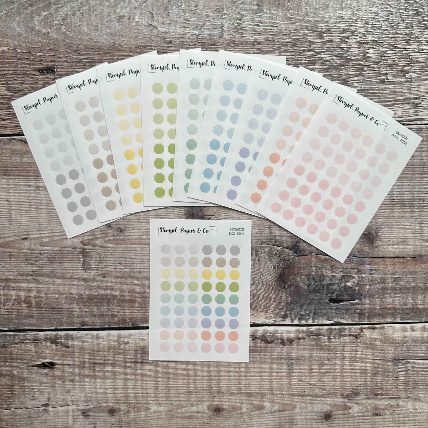 Stickerbogen Hexagon, verschiedenen Farben, einzeln ablösbare sechseckige Form Sticker in transparent matt für Bullet Journal und Kalender