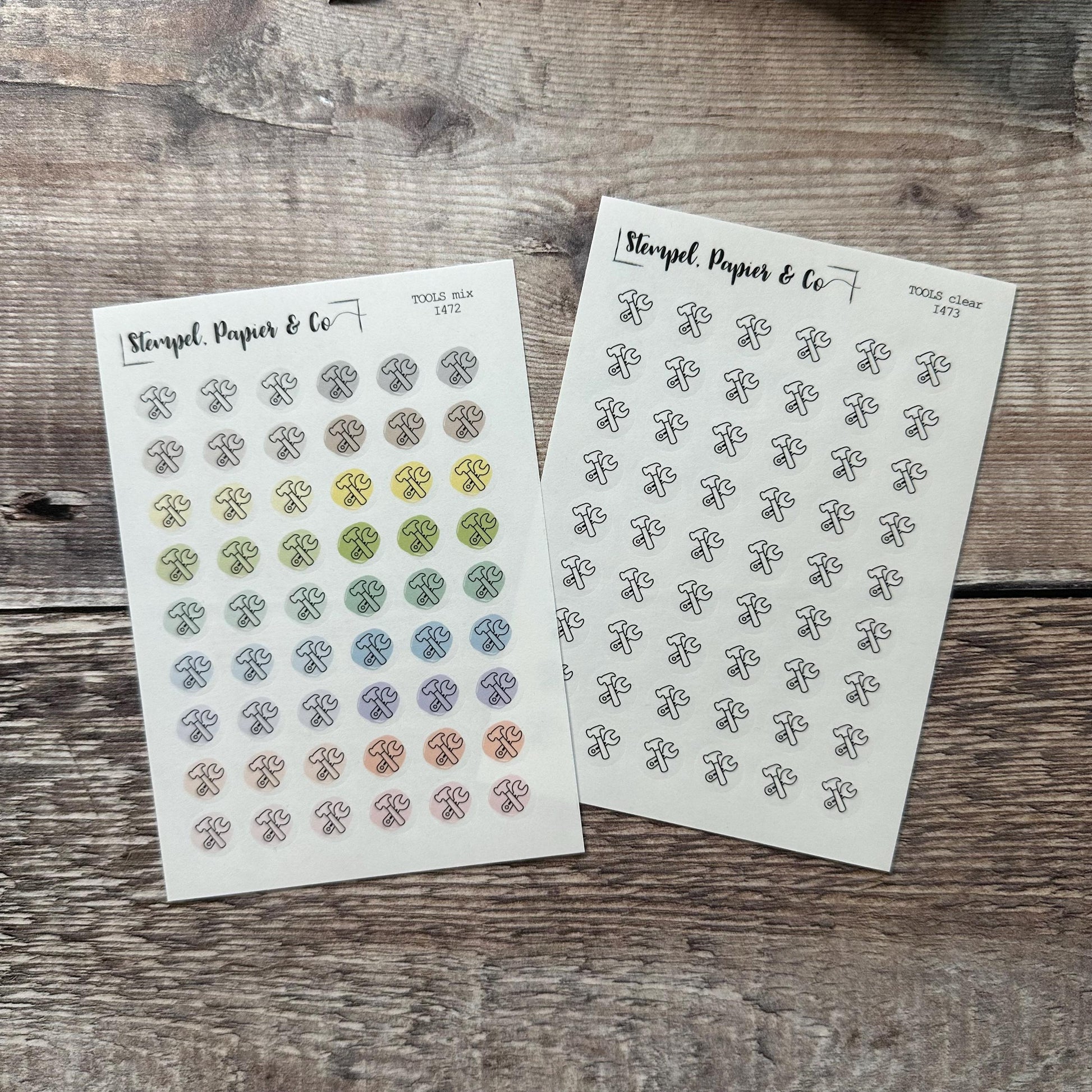 Stickerbogen Werkzeug mit Hammer und Schraubenschlüssel, einzeln ablösbare kreisrunde Sticker transparent matt für Bullet Journal, Kalender