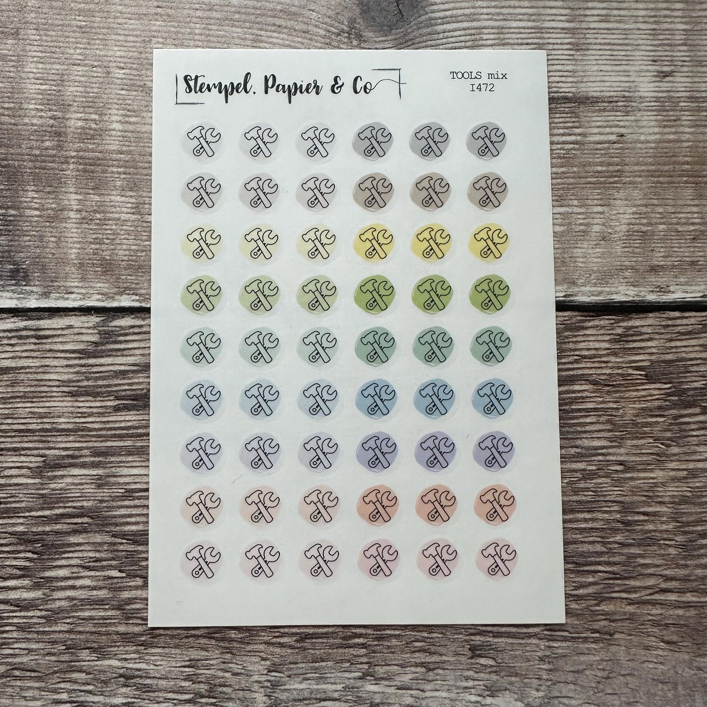 Stickerbogen Werkzeug mit Hammer und Schraubenschlüssel, einzeln ablösbare kreisrunde Sticker transparent matt für Bullet Journal, Kalender