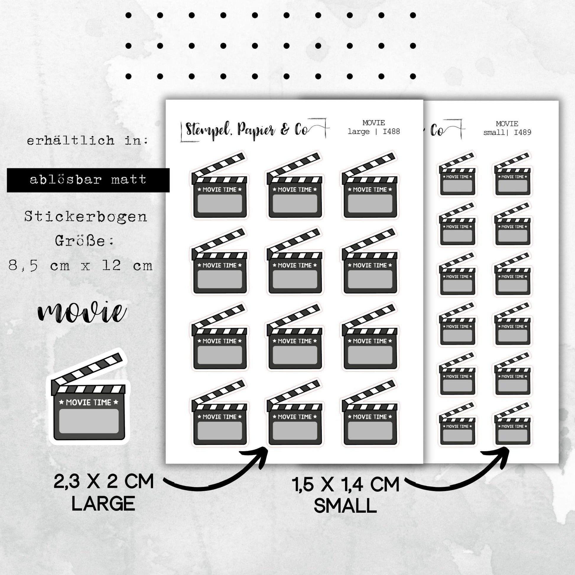 Stickerbogen Filmklappe, Film, jeweils einzeln ablösbare Sticker für Bullet Journal, Planer und Kalender