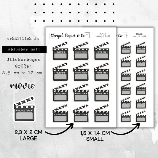 Stickerbogen Filmklappe, Film, jeweils einzeln ablösbare Sticker für Bullet Journal, Planer und Kalender
