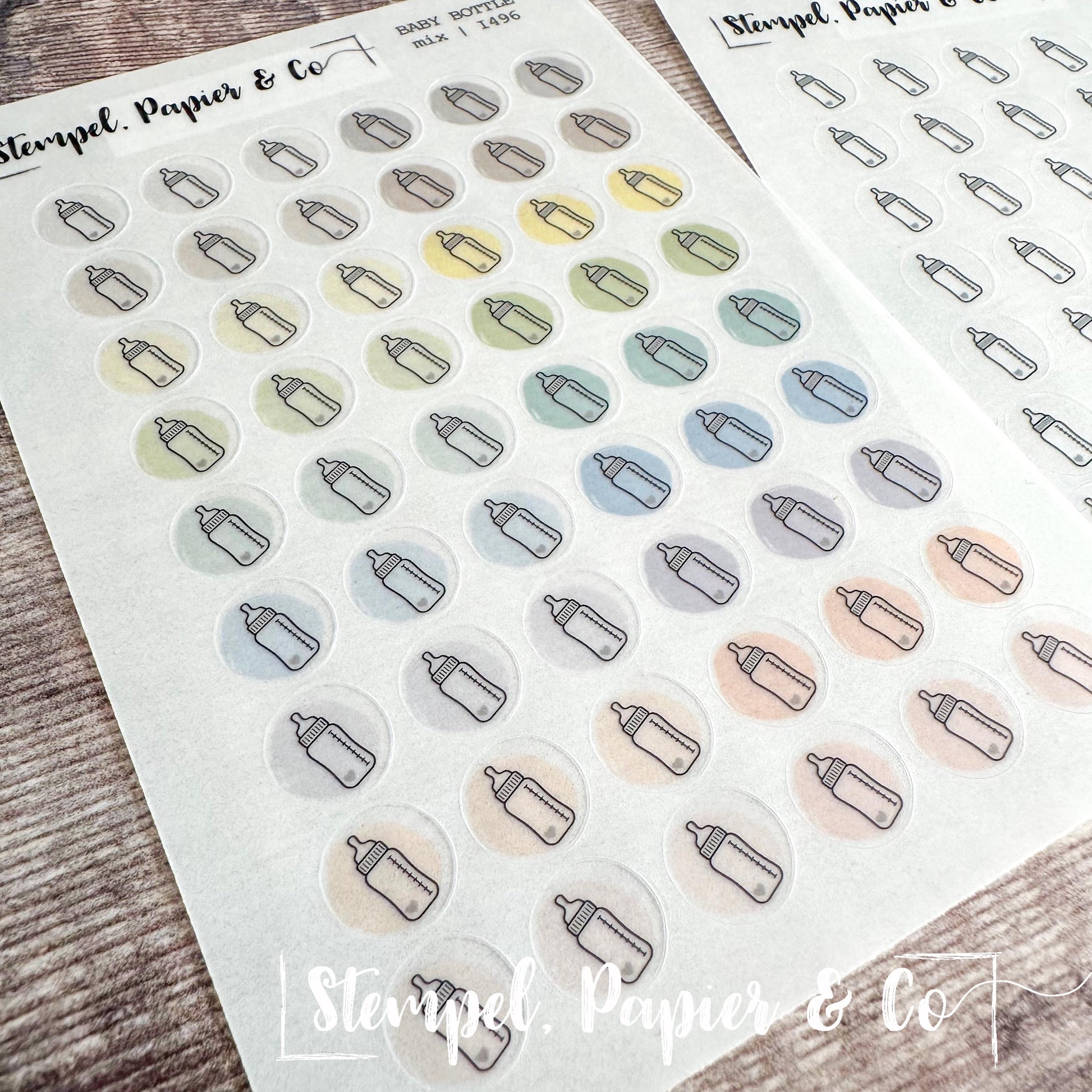 Stickerbogen Babyflasche, kreisrunde Symbol Sticker in transparent matt für Bullet Journal, Planer und Kalender