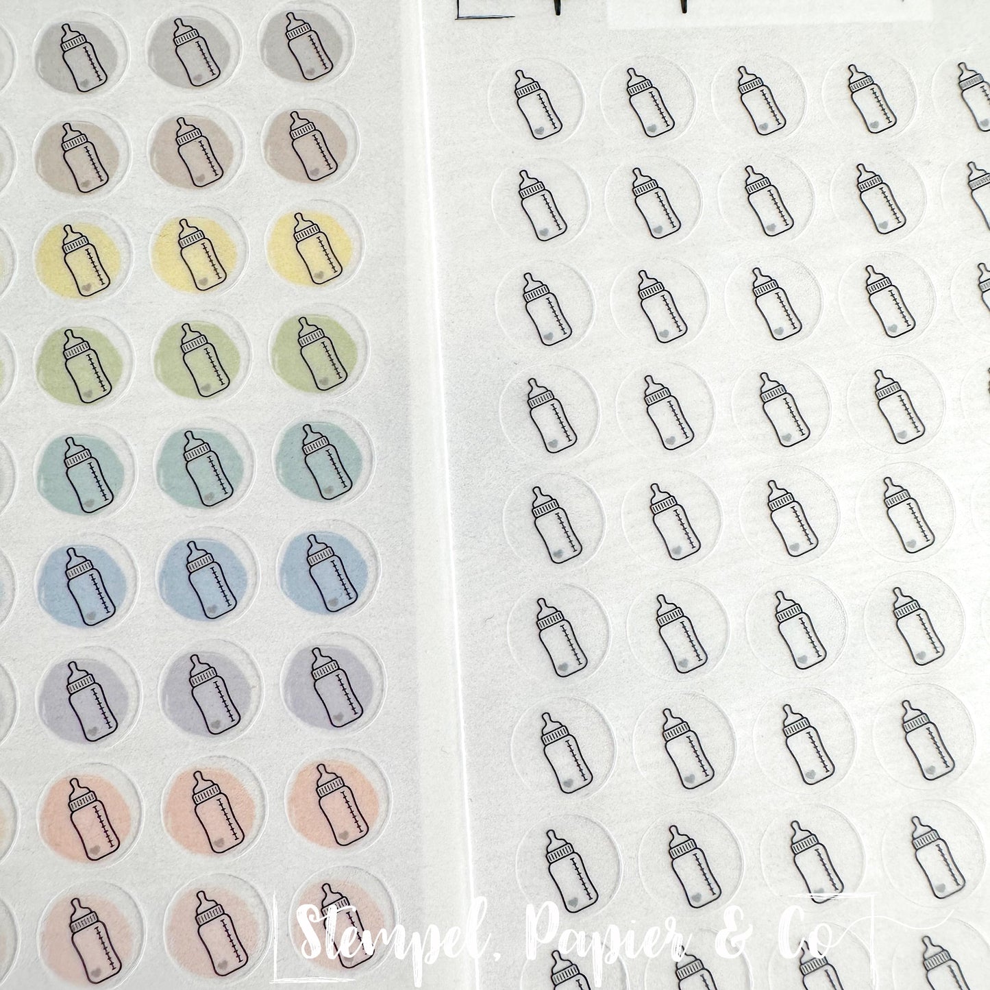 Stickerbogen Babyflasche, kreisrunde Symbol Sticker in transparent matt für Bullet Journal, Planer und Kalender