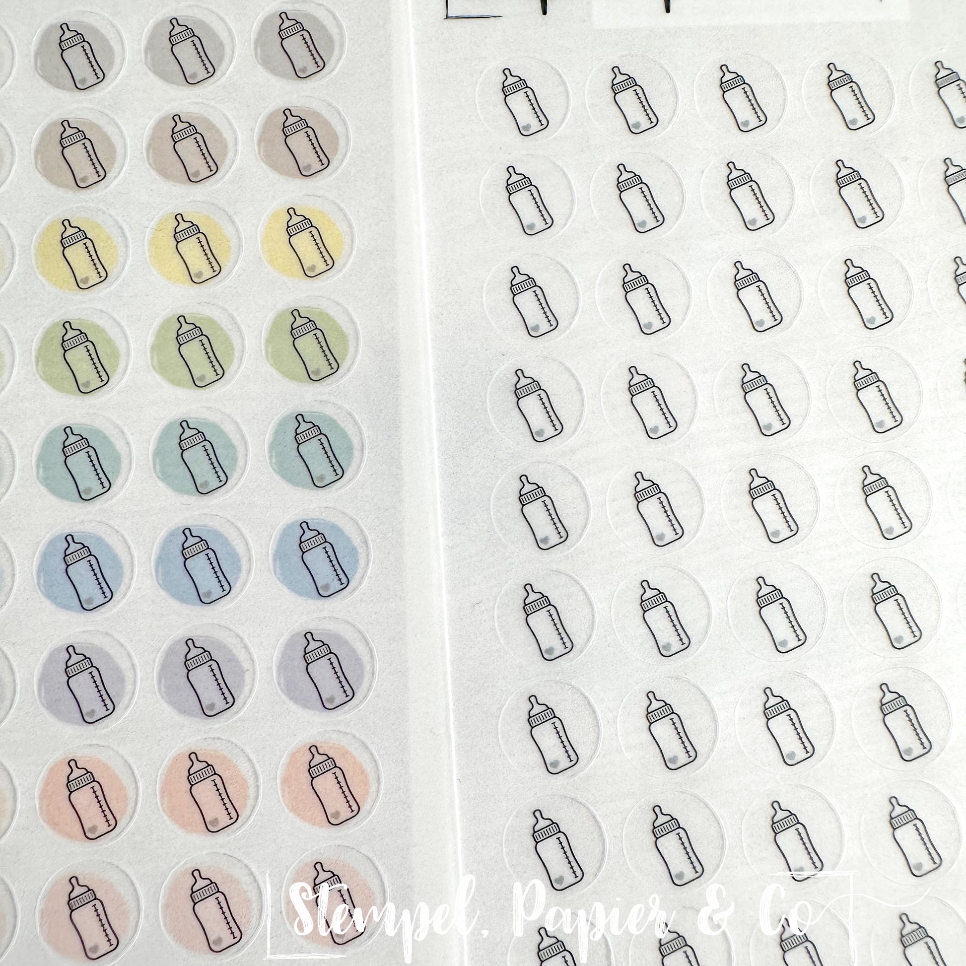 Stickerbogen Babyflasche, kreisrunde Symbol Sticker in transparent matt für Bullet Journal, Planer und Kalender