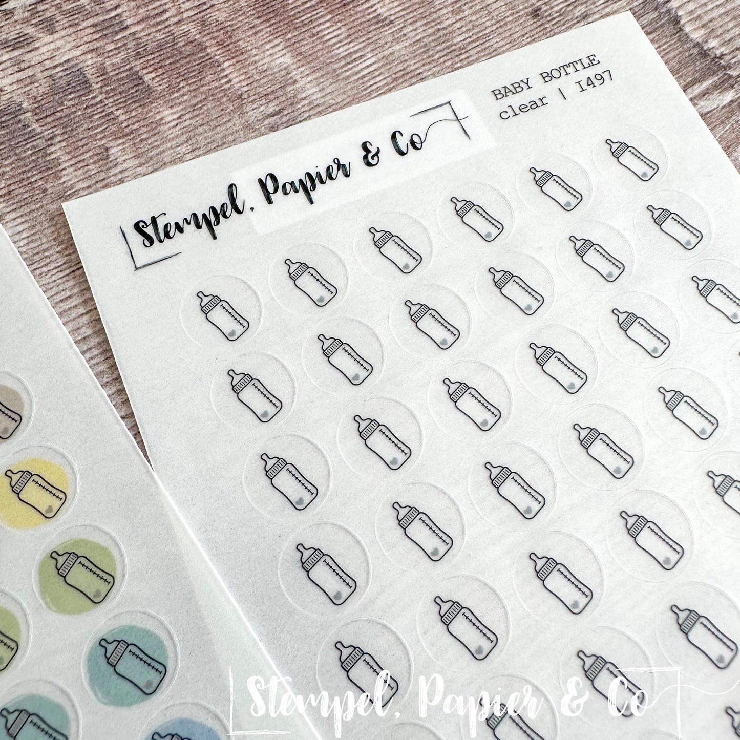 Stickerbogen Babyflasche, kreisrunde Symbol Sticker in transparent matt für Bullet Journal, Planer und Kalender