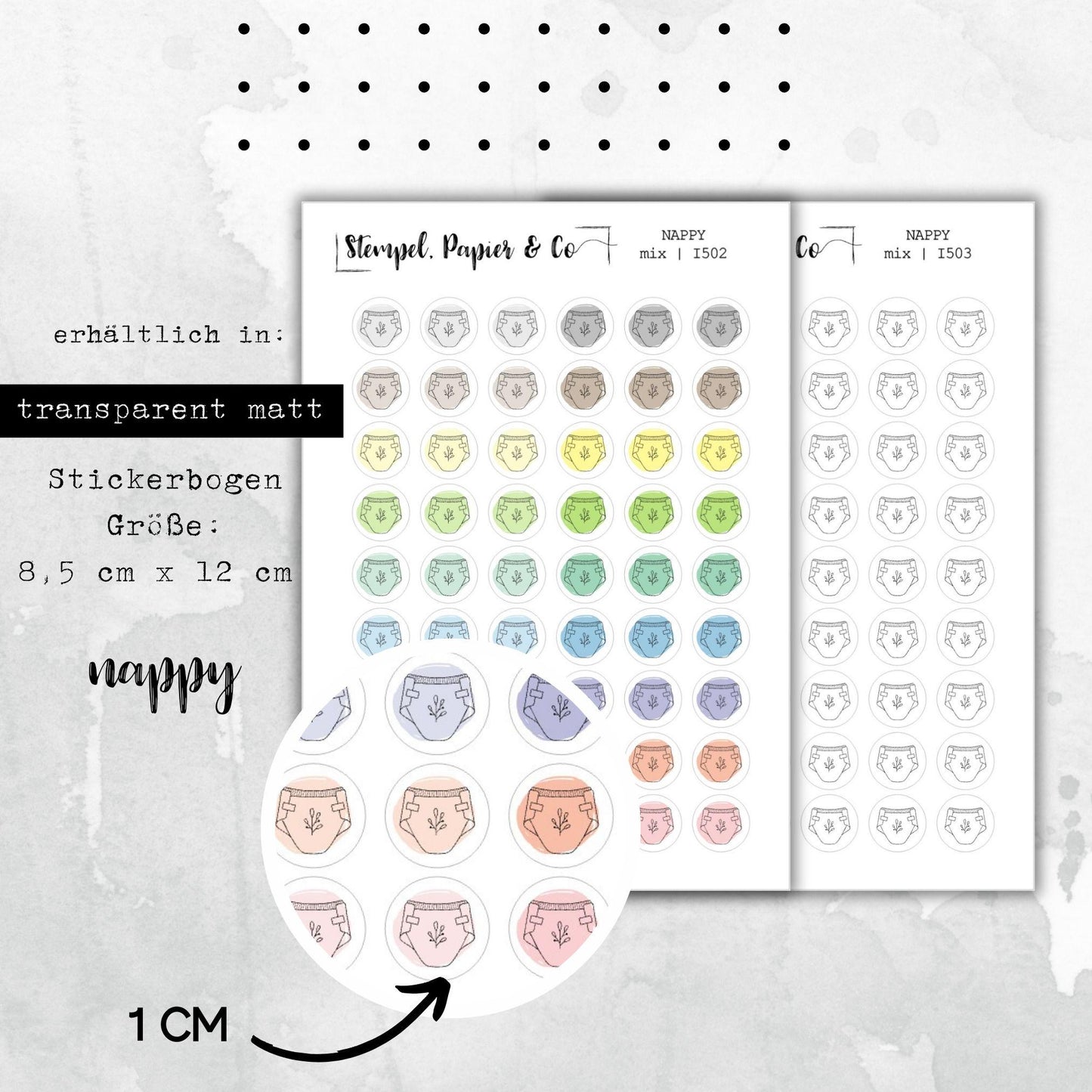 Stickerbogen Windel, Babywindel, kreisrunde Symbol Sticker in transparent matt für Bullet Journal, Planer und Kalender
