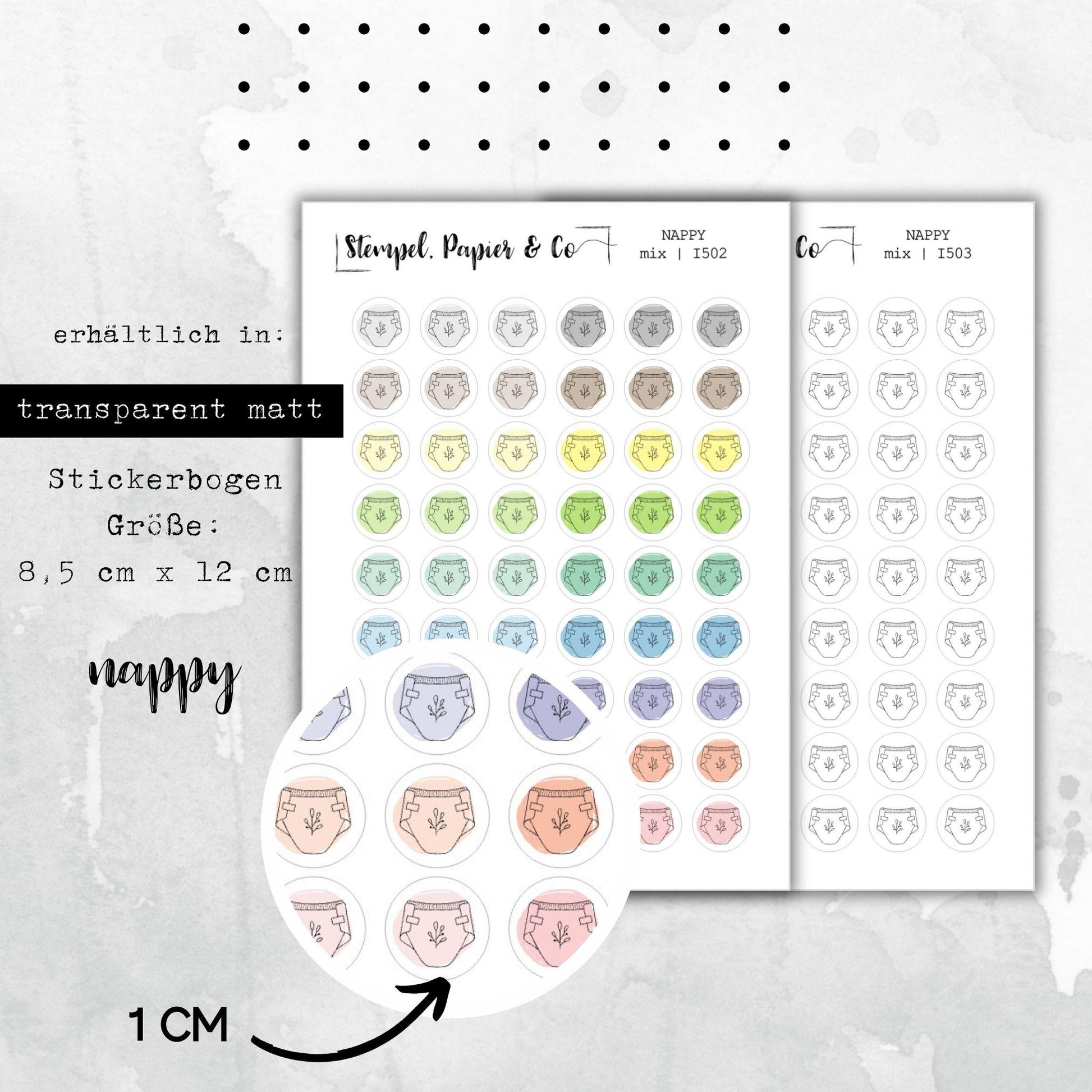 Stickerbogen Windel, Babywindel, kreisrunde Symbol Sticker in transparent matt für Bullet Journal, Planer und Kalender