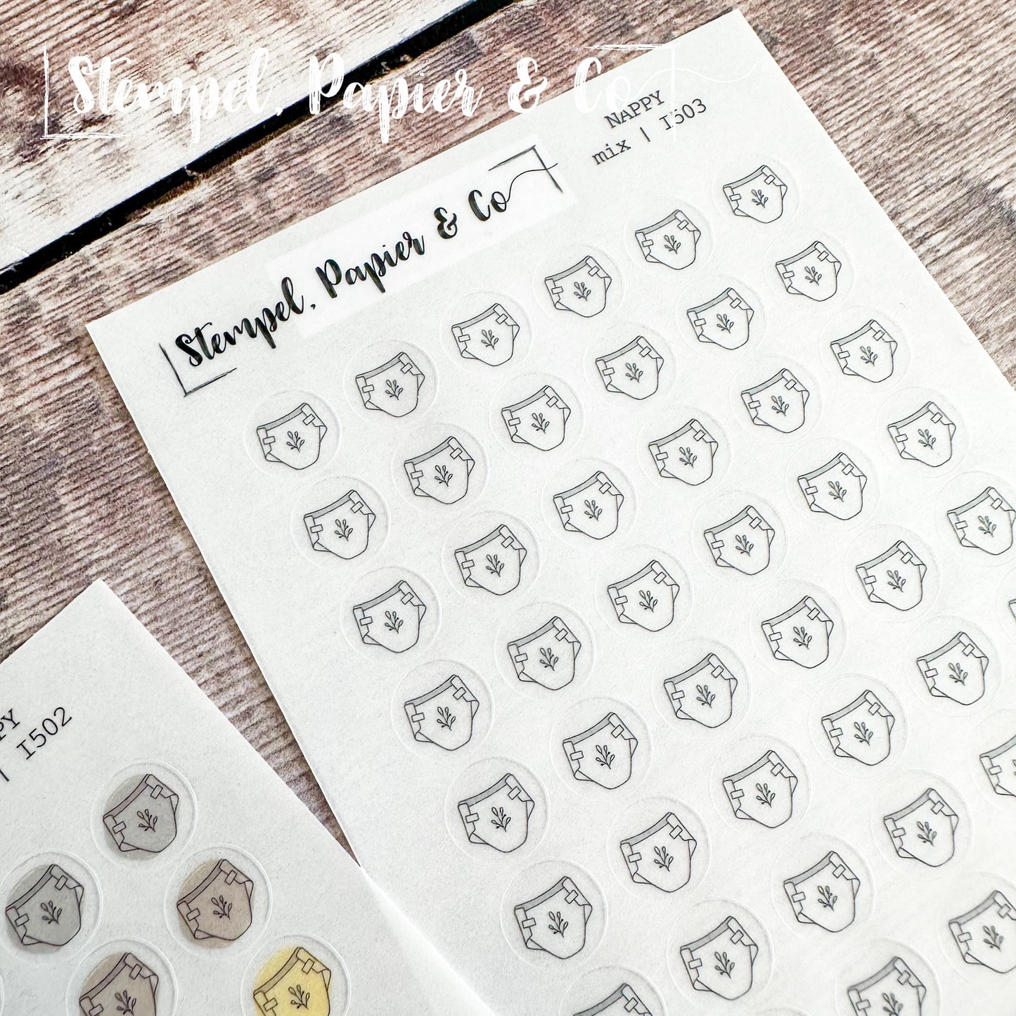 Stickerbogen Windel, Babywindel, kreisrunde Symbol Sticker in transparent matt für Bullet Journal, Planer und Kalender