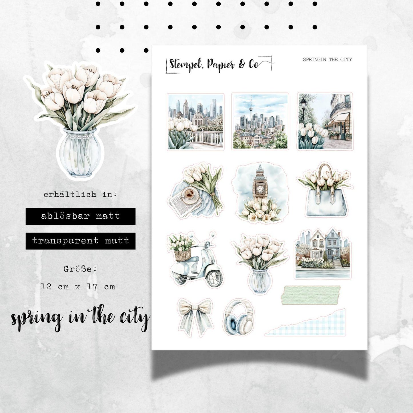 Stickerbogen Frühling in der Stadt, einzeln ablösbare Sticker in zwei verschiedenen Papiervarianten für Bullet Journal, Planer und Kalender