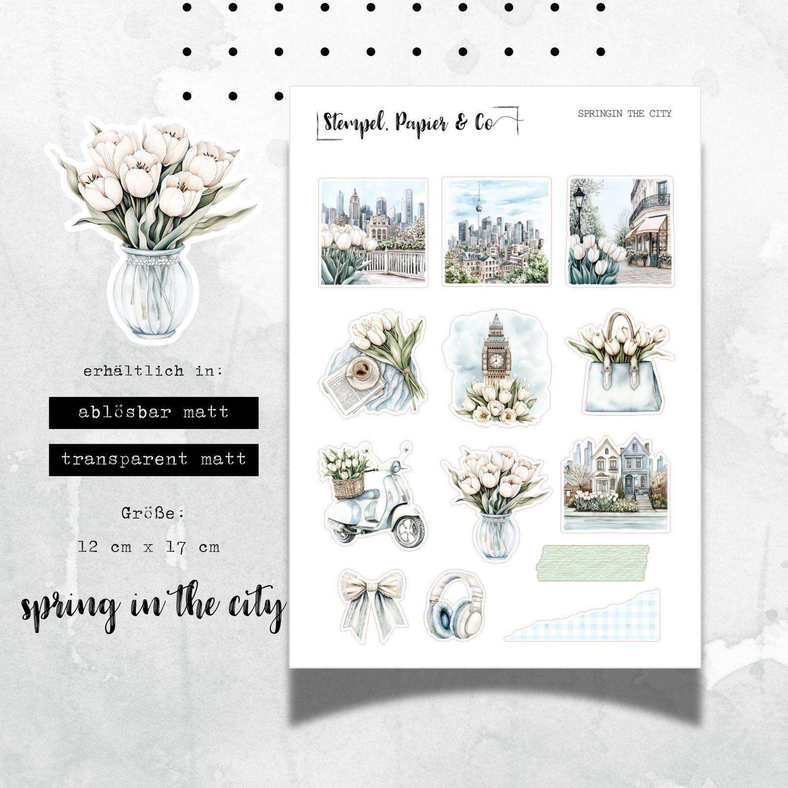 Stickerbogen Frühling in der Stadt, einzeln ablösbare Sticker in zwei verschiedenen Papiervarianten für Bullet Journal, Planer und Kalender