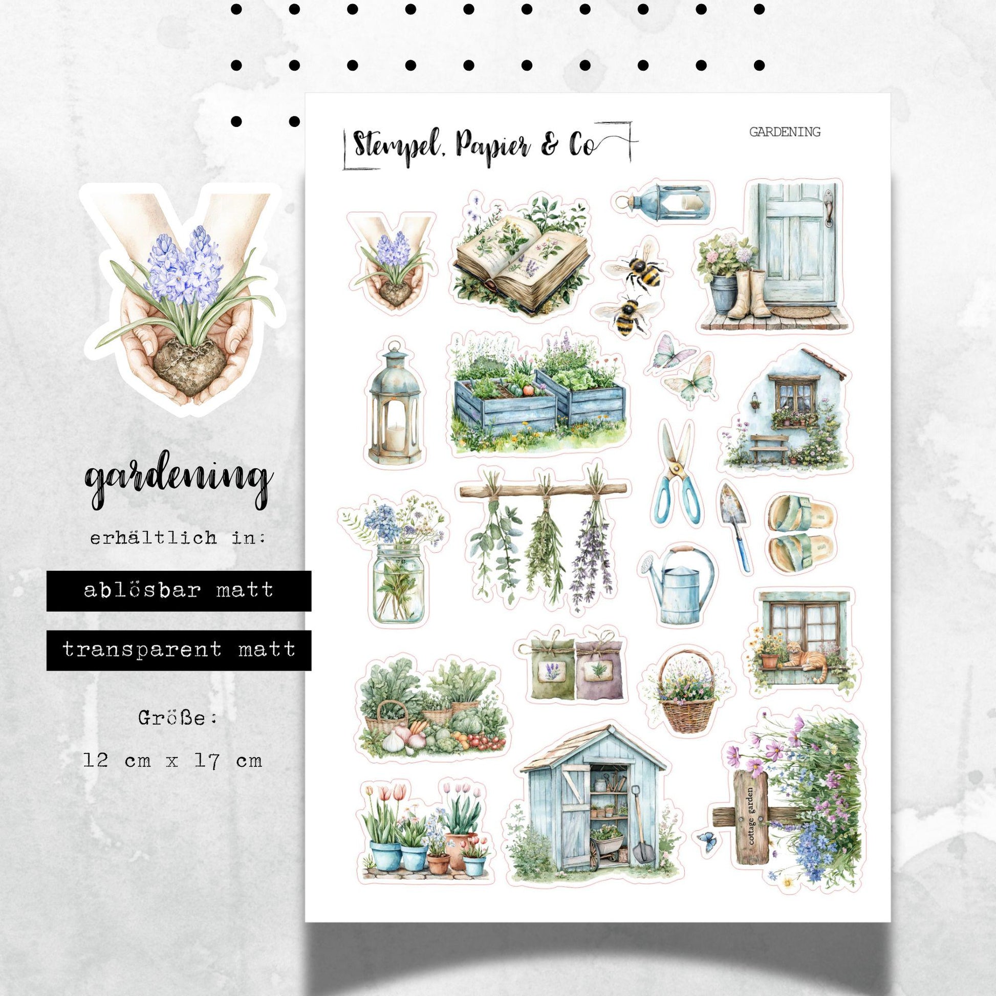 Stickerbogen mit Gartenmotiven, Gartenarbeit, einzeln ablösbare Sticker für Bullet Journal, Planer und Kalender