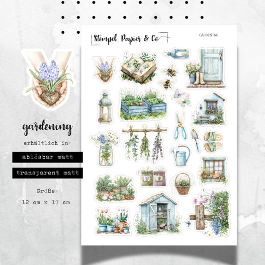 Stickerbogen mit Gartenmotiven, Gartenarbeit, einzeln ablösbare Sticker für Bullet Journal, Planer und Kalender