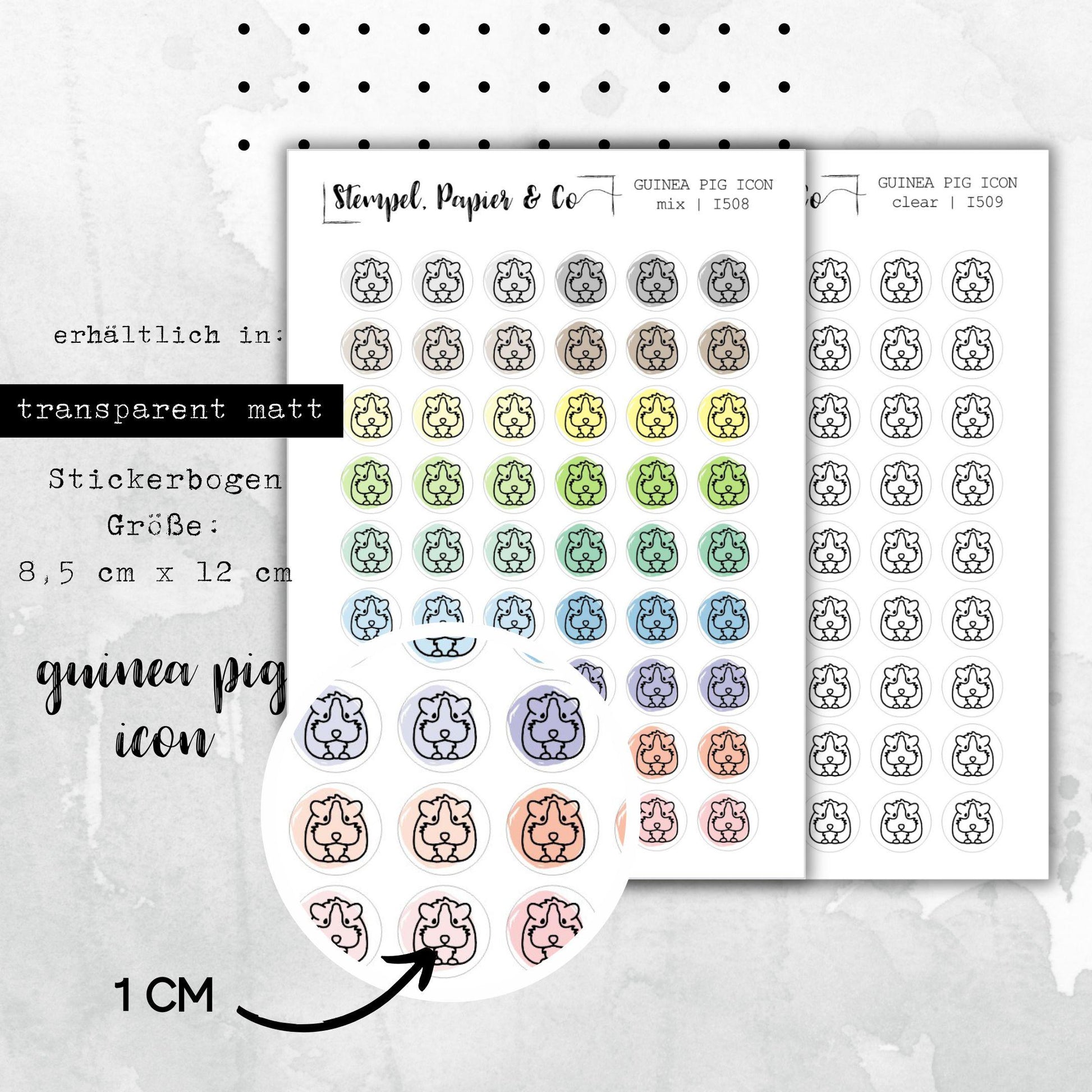 Stickerbogen Meerschwein, kreisrunde Symbol Sticker in transparent matt für Bullet Journal, Planer und Kalender