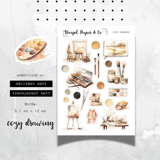 kleiner Stickerbogen mit Maler Motiven wie Leinwand und Farbpalette, jeweils einzeln ablösbare Sticker für Bullet Journal, Planer, Kalender