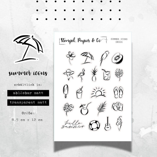 Stickerbogen mit sommerlichen Symbolen im minimalistischen Stil, einzeln ablösbare Sticker für Bullet Journal, Planer und Kalender