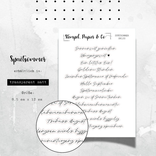 Stickerbogen mit spätsommerlichen Schriftzügen, Bucket List, einzeln ablösbare Sticker für Bullet Journal, Planer und Kalender