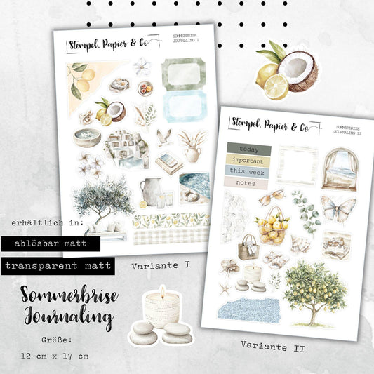 Stickerbogen Journaling Sommerbrise für Planer, Kalender und Bullet Journal, in zwei Varianten sowie als Set
