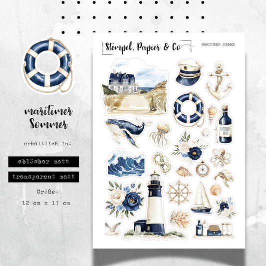 Stickerbogen Maritimer Sommer, einzeln ablösbare Sticker für Bullet Journal, Planer und Kalender