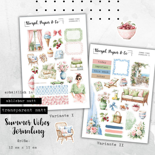 Stickerbogen Journaling Sommerstimmung für Planer, Kalender und Bullet Journal, in zwei Varianten sowie als Set