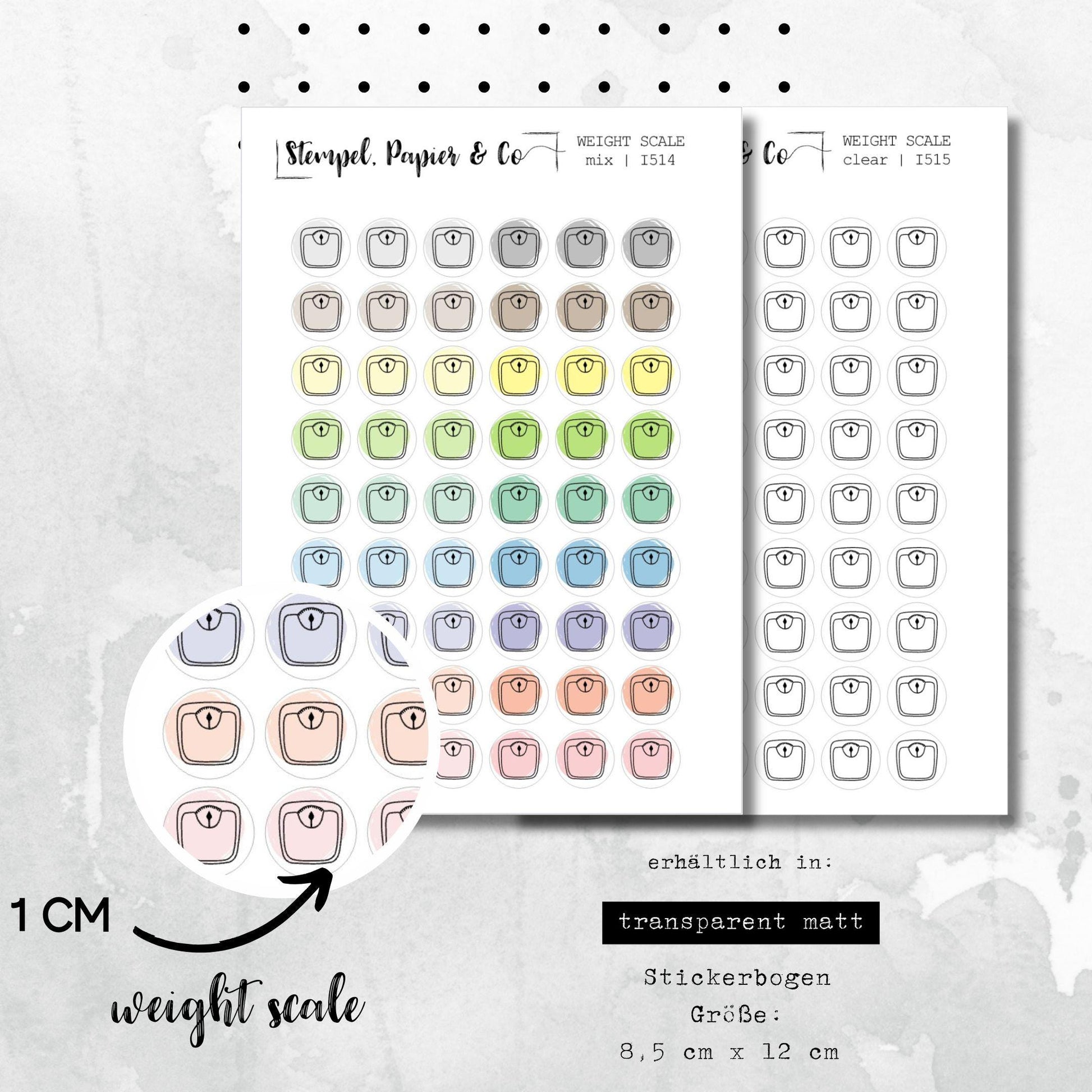 Stickerbogen Waage, Gewichtmessung, kreisrunde Symbol Sticker in transparent matt für Bullet Journal, Planer und Kalender