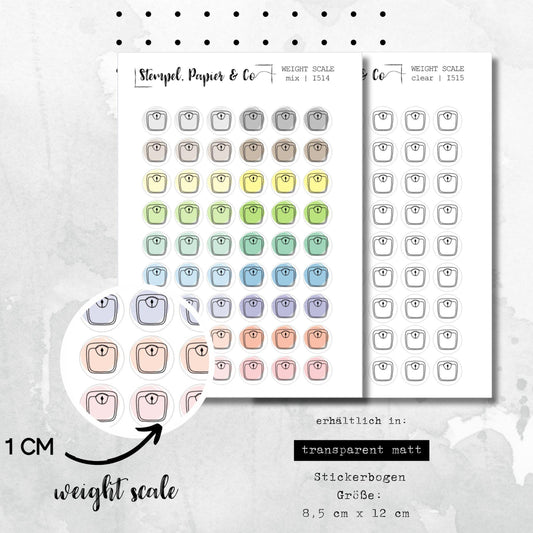 Stickerbogen Waage, Gewichtmessung, kreisrunde Symbol Sticker in transparent matt für Bullet Journal, Planer und Kalender
