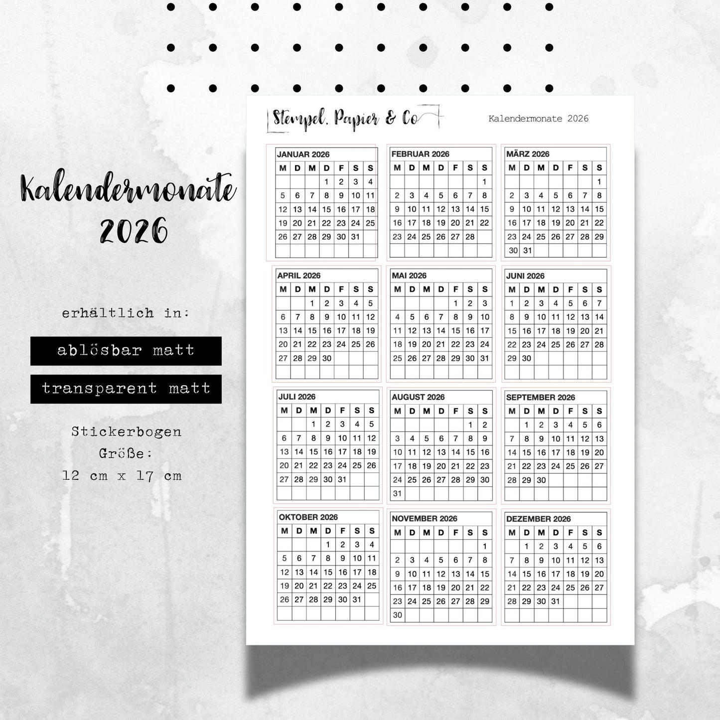 Stickerbogen kleine Monatskalender 2026, einzeln ablösbare Sticker Januar - Dezember englisch oder deutsch für Bullet Journal, Kalender ua.