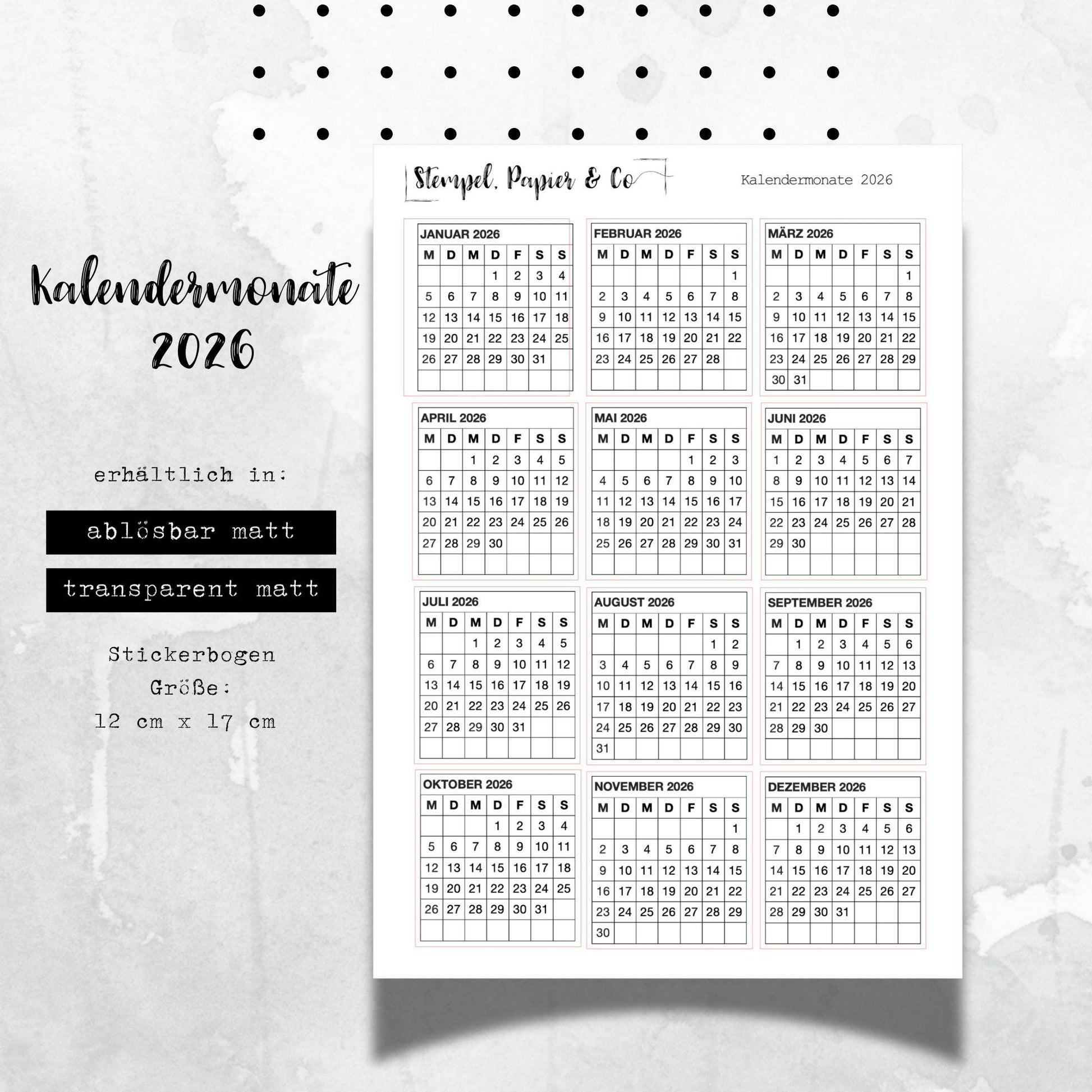 Stickerbogen kleine Monatskalender 2026, einzeln ablösbare Sticker Januar - Dezember englisch oder deutsch für Bullet Journal, Kalender ua.