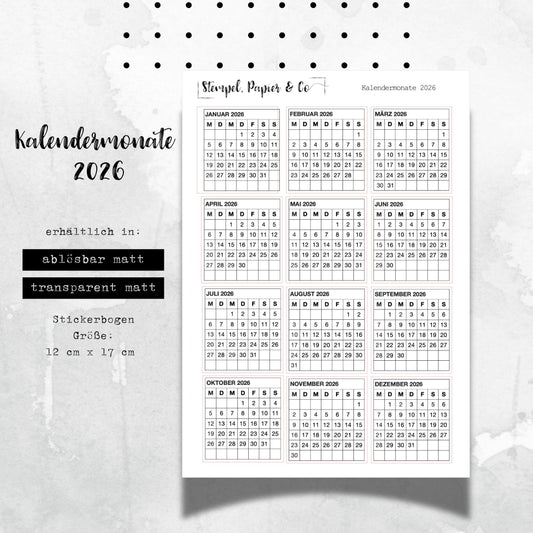 Stickerbogen kleine Monatskalender 2026, einzeln ablösbare Sticker Januar - Dezember englisch oder deutsch für Bullet Journal, Kalender ua.