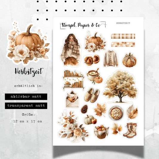 Stickerbogen mit Motiven für die Herbstzeit, einzeln ablösbare Sticker in zwei Papiervarianten, für Bullet Journal, Planer und Kalender