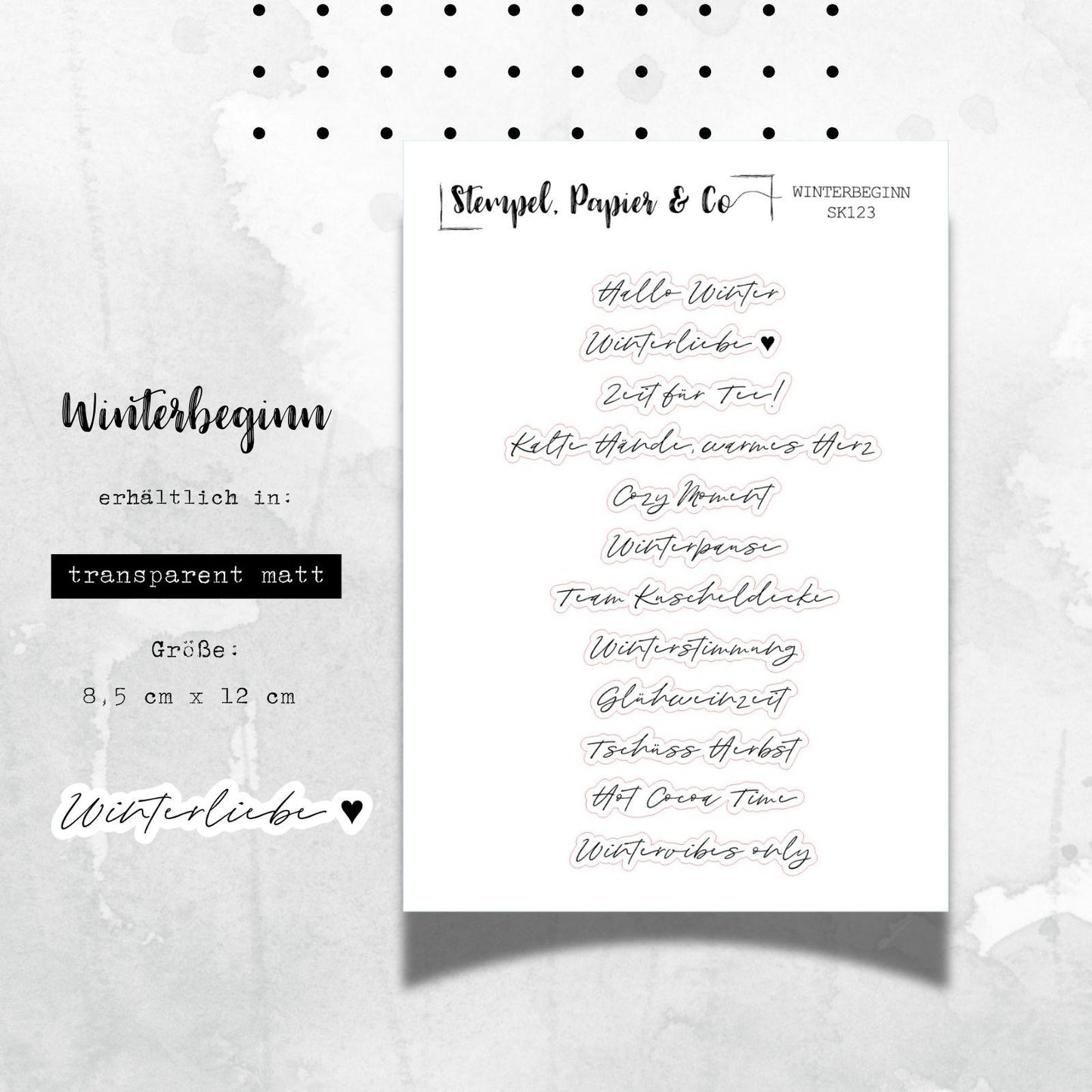 kleiner Stickerbogen mit Schriftzügen zum Winterbeginn, Bucket List, transparent matte einzeln ablösbare Sticker für Journaling u.Kalender