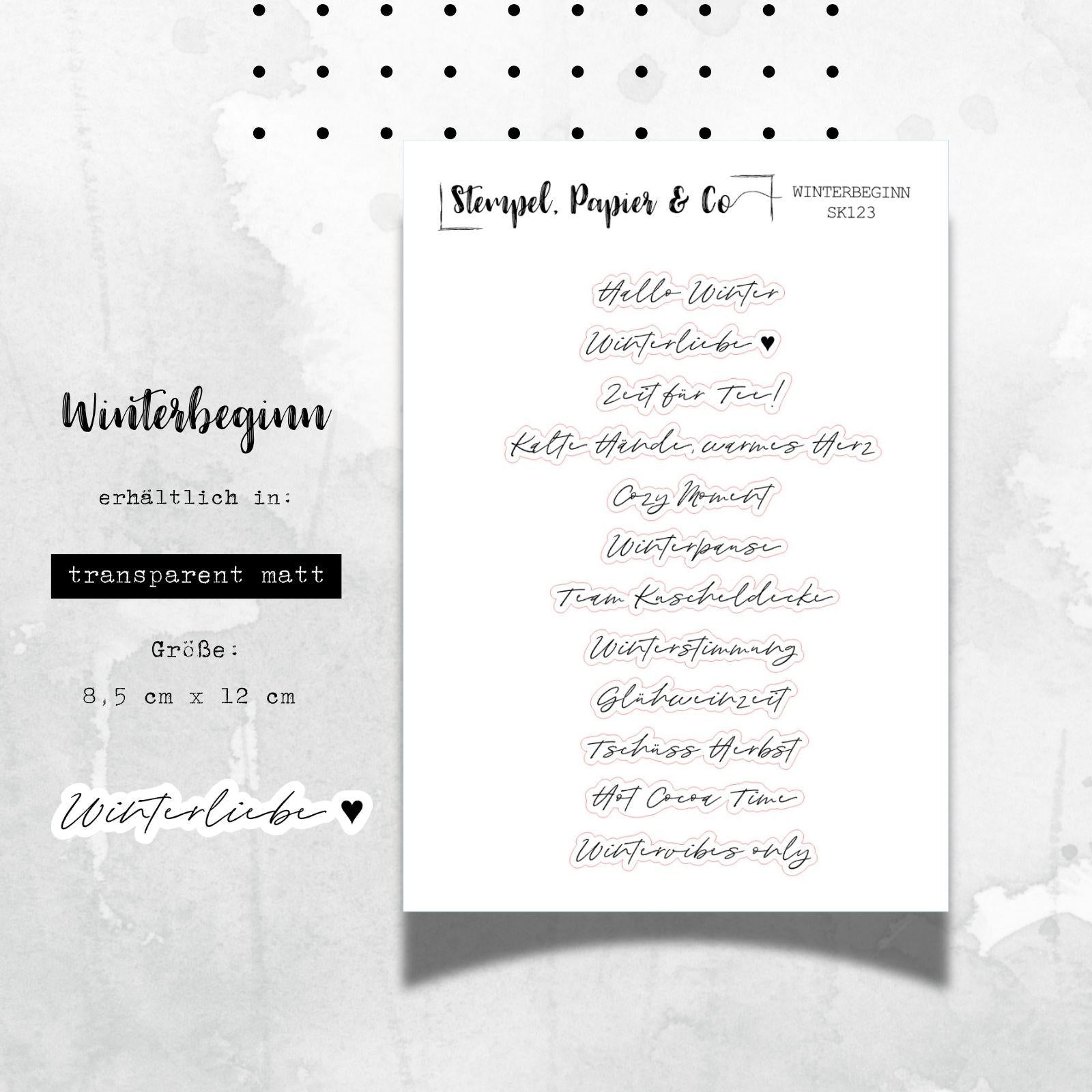 kleiner Stickerbogen mit Schriftzügen zum Winterbeginn, Bucket List, transparent matte einzeln ablösbare Sticker für Journaling u.Kalender