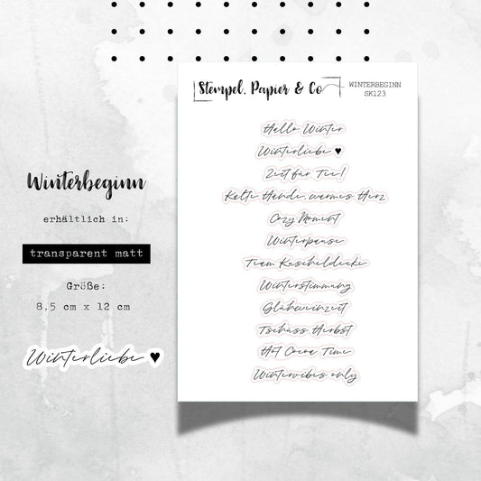 kleiner Stickerbogen mit Schriftzügen zum Winterbeginn, Bucket List, transparent matte einzeln ablösbare Sticker für Journaling u.Kalender