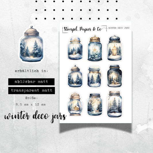 kleiner Stickerbogen mit gefüllten Deko Gläsern im winterlichen Design, einzeln ablösbare Sticker für Bullet Journal, Kalender und Planer