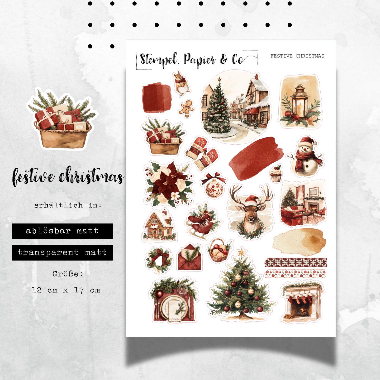 Stickerbogen mit festlichen weihnachtlichen Motiven, einzeln ablösbare Sticker für Bullet Journal, Planer, Kalender