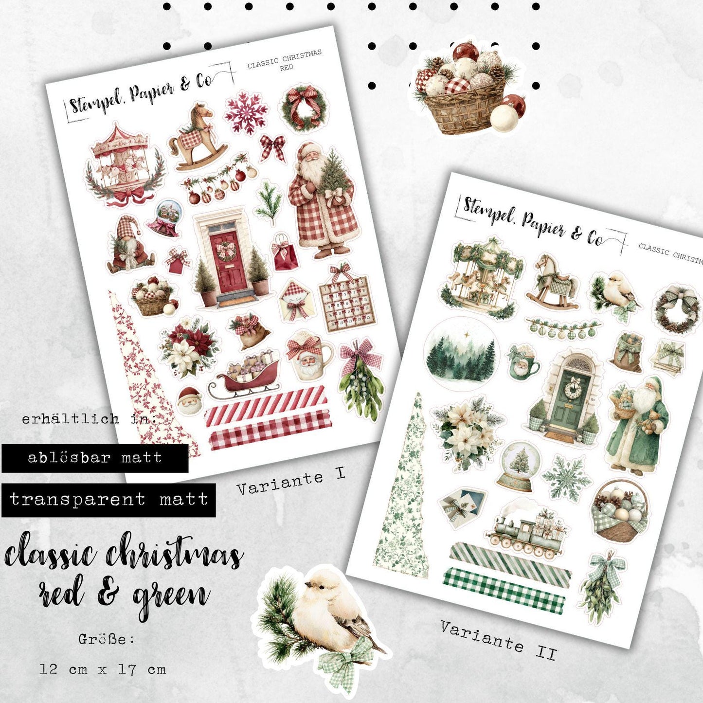 Stickerbogen Journaling Klassische Weihnachtsmotive in den Varianten rot oder grün, für Planer, Kalender und Bullet Journal, auch im Set