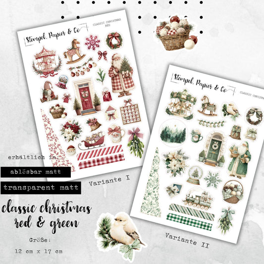 Stickerbogen Journaling Klassische Weihnachtsmotive in den Varianten rot oder grün, für Planer, Kalender und Bullet Journal, auch im Set