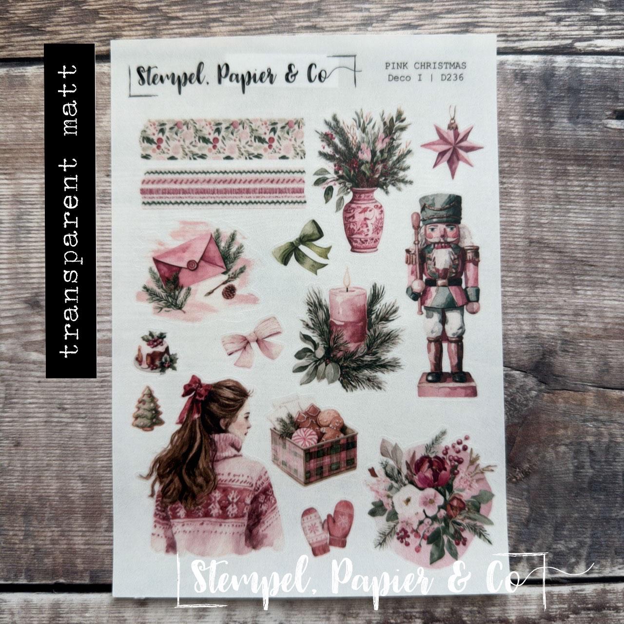 Stickerbogen Journaling Weihnachtsmotive in Pink und Grün, in zwei Varianten und als Set für Planer, Kalender und Bullet Journal