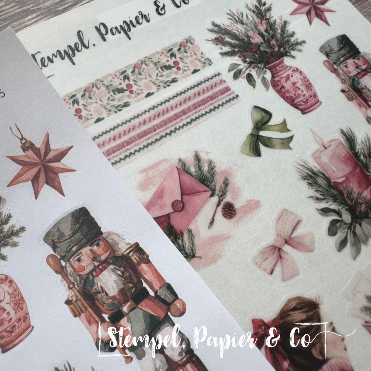 Stickerbogen Journaling Weihnachtsmotive in Pink und Grün, in zwei Varianten und als Set für Planer, Kalender und Bullet Journal
